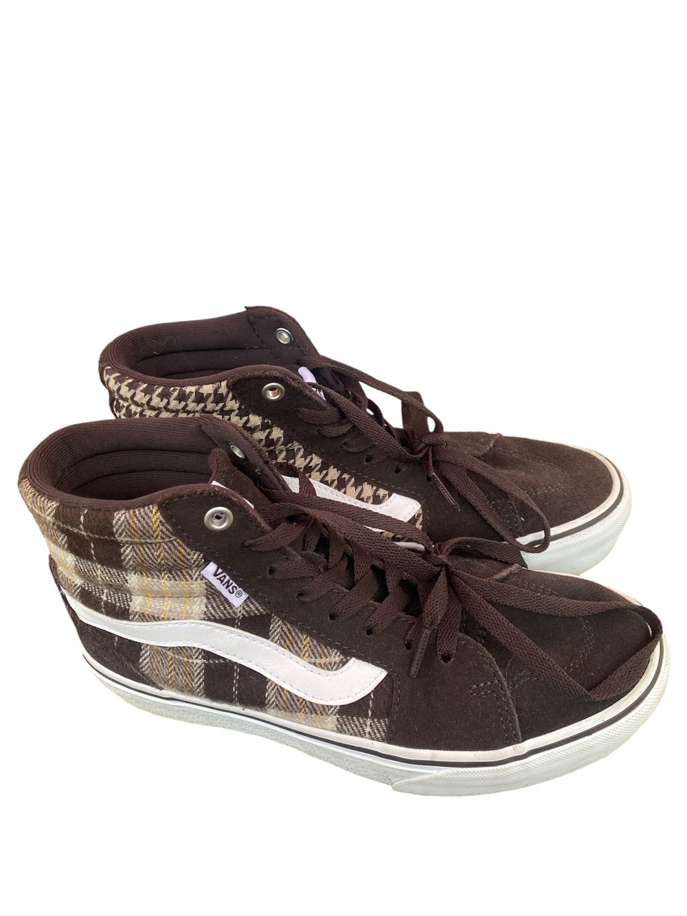Vans Women’s Filmore Brown Plaid Suede SK8-HI High-Top Sneakers W/White Stripe